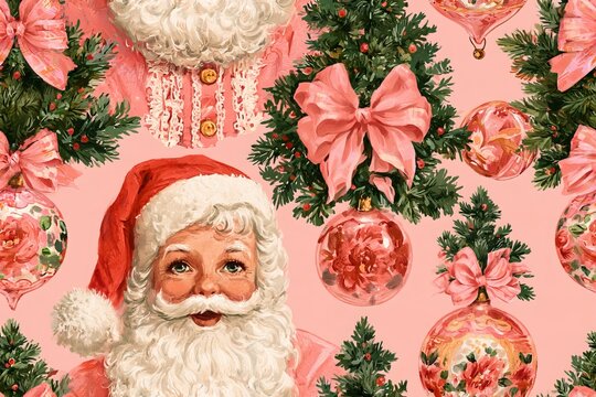 Seamless retro Christmas pattern with vintage Santa, glass ornaments, bows and miniature trees in dusty rose, burgundy, sage and cream watercolor hues