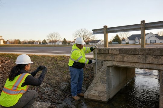 Road culvert inspection team measuring a masonry edge and taking a field photograph