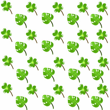 Seamless pattern with lucky clover leaves and monstera plant on background