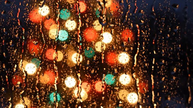 Raindrops on Window with Bokeh Lights, Creating a Blurred, Vibrant, and Atmospheric Looping Animation. and Water Droplets