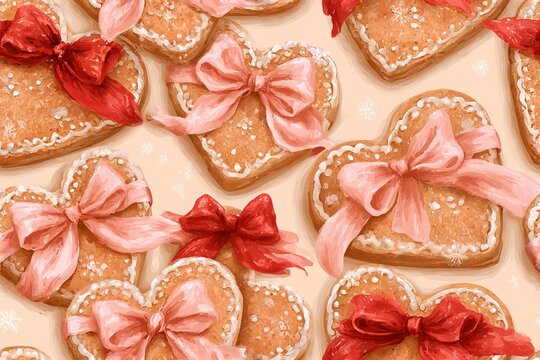 Romantic Christmas pattern with heart shaped gingerbread cookies, delicate icing and flowing ribbon bows in watercolor gouache, dusty rose and cranberry palette