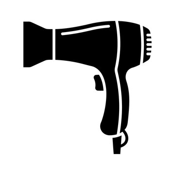 Hair dryer electrical grooming tool icon solid silhouette for professional salon equipment beauty hair care routine and lifestyle personal styling graphic elements.