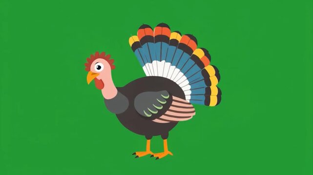 an animated thanksgiving turkey gently bobbing its head and wiggling its tail feathers, isolated on green screen chroma key
