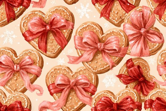 Romantic Christmas pattern with heart shaped gingerbread cookies, delicate icing and flowing ribbon bows in watercolor gouache, dusty rose and cranberry palette
