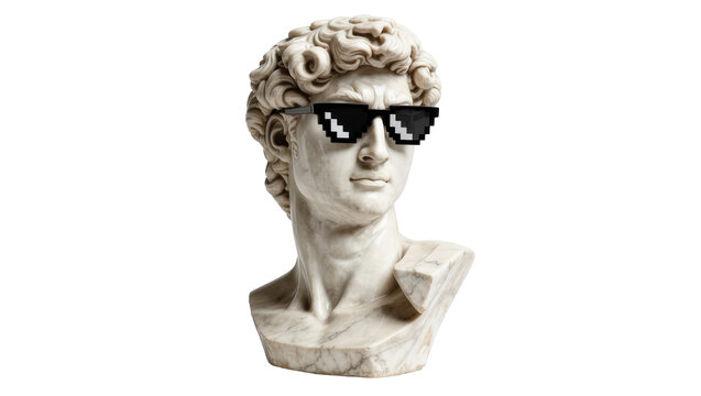 Marble bust of David wearing pixelated sunglasses, isolated on transparent background