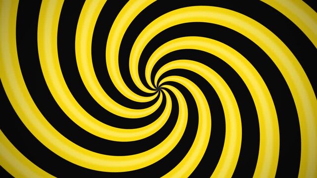 Hypnotic yellow and black spiral background, rotating psychedelic optical illusion motion graphic, mesmerizing abstract vector loop animation