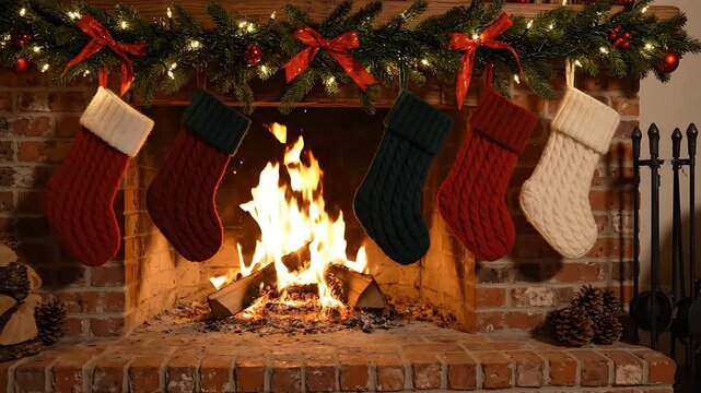Christmas Stockings Hanging Over a Cozy Fireplace with Flickering Flames and Festive Garland Decorations. and Holiday Decor
