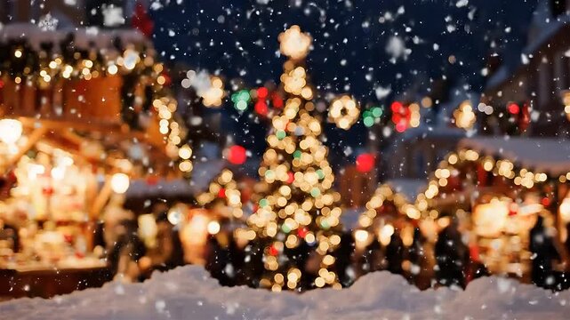 Christmas Trees Twinkling with Festive Lights and Falling Snow, Creating a Magical Winter Wonderland Animation. Gentle Snowfall Loop.