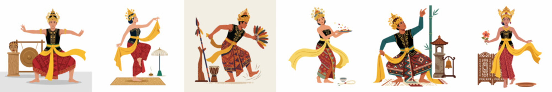 A collection of illustrations featuring traditional Balinese dancers in ornate costumes performing various Indonesian cultural dances on a plain white background.