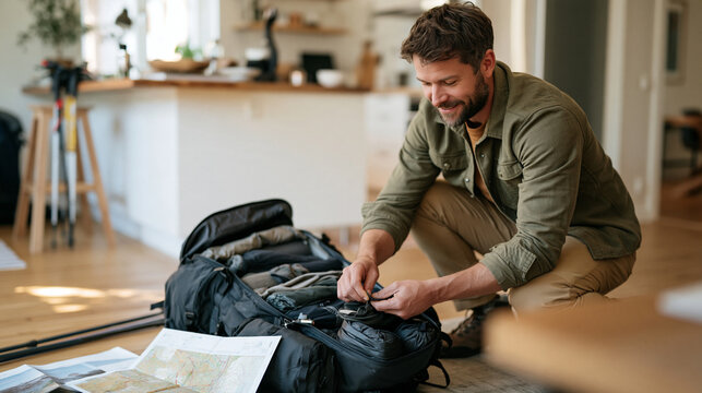 Norwegian backpacker crouching beside an overstuffed hiking rucksack on a kitchen floor, methodically rolling thermal base layers and waterproof gear into compression bags,