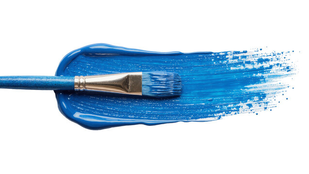 Blue paint brush stroke with metallic ferrule, isolated on transparent background