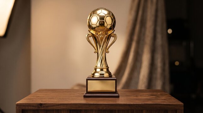A gleaming golden soccer trophy placed on a rustic wooden table top inside a warm studio setting representing victory and athletic excellence