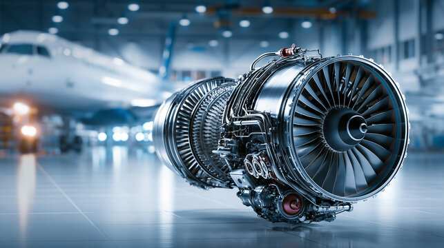 Industrial turbofan engine displayed on shop floor with airplane background demonstrates advanced aeronautical engineering.