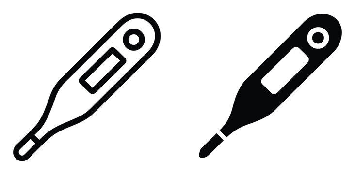 Medical digital thermometer icon set featuring body temperature measurement, fever test device, healthcare diagnostic tool, and clinical checkup symbol in outline and solid black vector illustration 