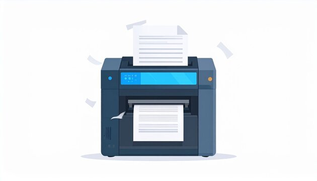Modern office printer printing documents in blue design.
