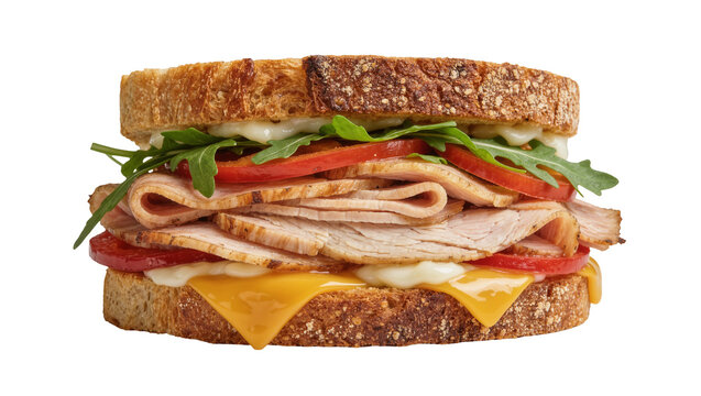 Hearty turkey and cheese sandwich with tomato and arugula, isolated on transparent background