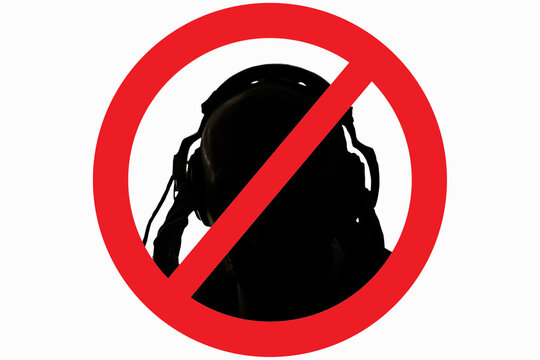 The icon prohibits the activity of hidden eavesdropping. A red prohibition sign on top of the silhouette of a man with a headset.
