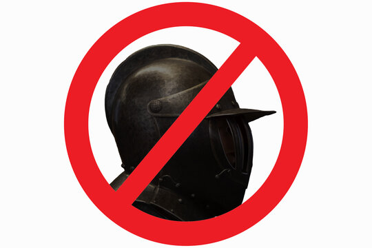 A knight wearing a helmet under a forbidding sign. A symbol of a restriction or prohibition on hiding the face.