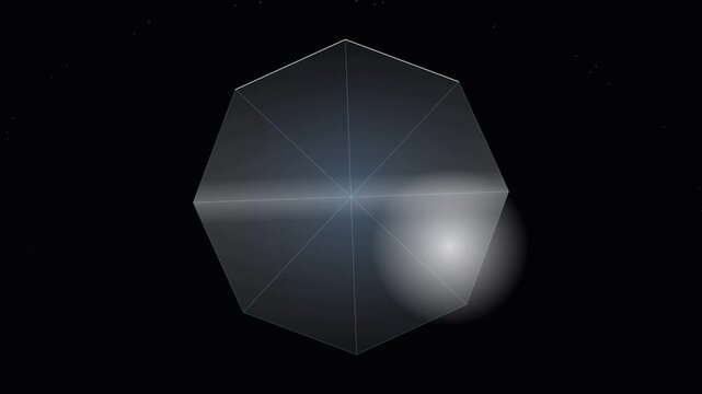 A luminous octagonal geometric shape glows softly within the dark void as beams of light shimmer through the transparent glass surface creating an atmospheric display of ethereal energy
