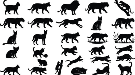 Fototapeta premium Black silhouettes of cats and big cats walking running jumping