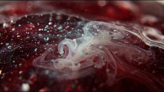 Marine biotechnology is expressed through translucent burgundy-red alginate gel containing minute abstract material background