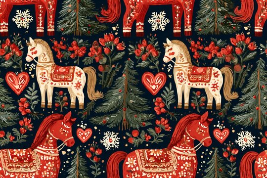Seamless Scandinavian Christmas folk pattern with painted wooden horses, fir trees, berries, hearts and snowflakes in muted red, navy, sage, ochre and cream