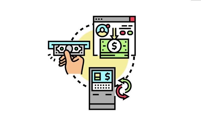 Hand holding cash from an automatic teller machine, the process of financial withdrawal and money transaction with a digital interface