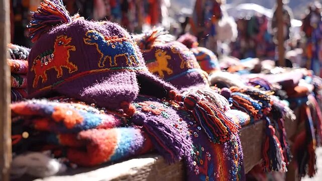 Colorful Knitted Hats with Dinosaur Designs Slowly Rotating on a Wooden Shelf, Showcasing Vibrant Textures and Patterns.