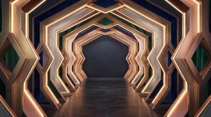Obraz premium Abstract Geometric Tunnel with Gold Frames and LED Lighting 3D Background