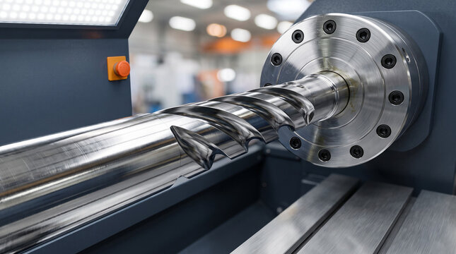 CNC lathe machine cutting a polished metal shaft with precision in a bright industrial factory