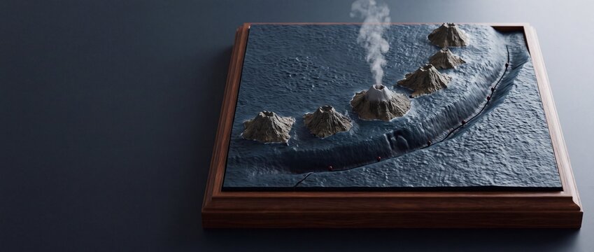 3D miniature geological diorama model of a volcanic island arc and oceanic subduction trench in a wooden frame with copy space