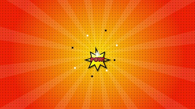 Comic POW exclamation on orange sunburst and halftone background