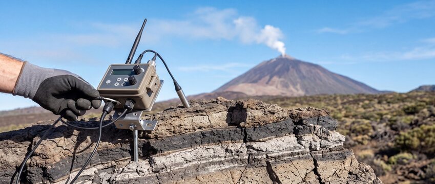 Scientist installing monitoring sensor device on stratified volcanic rock with an active steaming volcano in the background