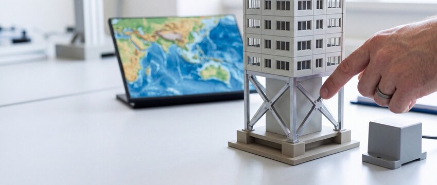Hand pointing at earthquake resistant steel cross bracing foundation of a scale model building in front of tectonic map display during structural testing