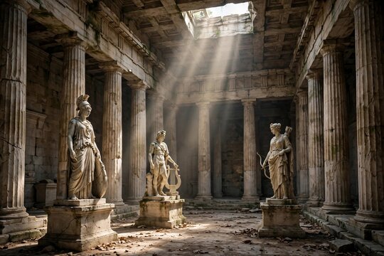 Ancient Greek marble statues in temple hall