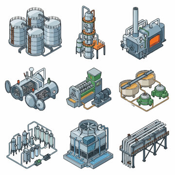 Elegant Isometric Illustrations of Industrial Machinery and Chemical Processing Equipment in Blue Gray and Orange