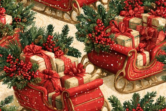 Seamless traditional Christmas pattern with red sleighs carrying gifts, pine branches, berries and falling snow in cranberry, evergreen, cream and antique gold storybook gouache style