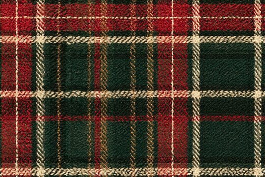 Seamless Christmas tartan pattern in evergreen, cranberry red and warm cream with antique gold pinstripes, woven wool texture for holiday background