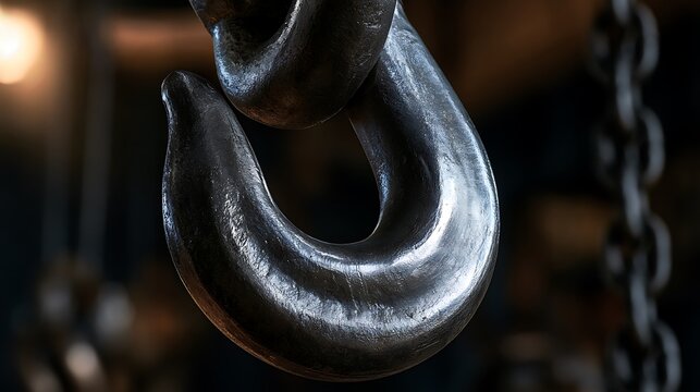 Close up of a heavy industrial crane lifting hook and chain.