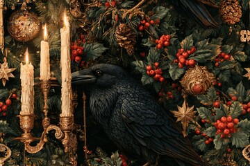 Obraz premium Seamless Victorian gothic Christmas pattern with candles, ravens, holly, ornate keys, pinecones and stars in black, burgundy, evergreen and antique gold, detailed vintage engraving