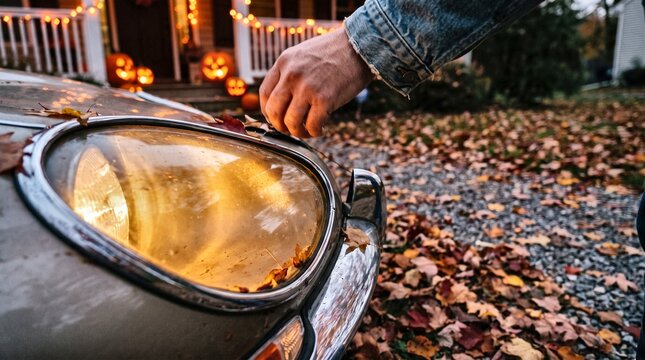 Person clearing autumn leaves off vintage car hood at Halloween