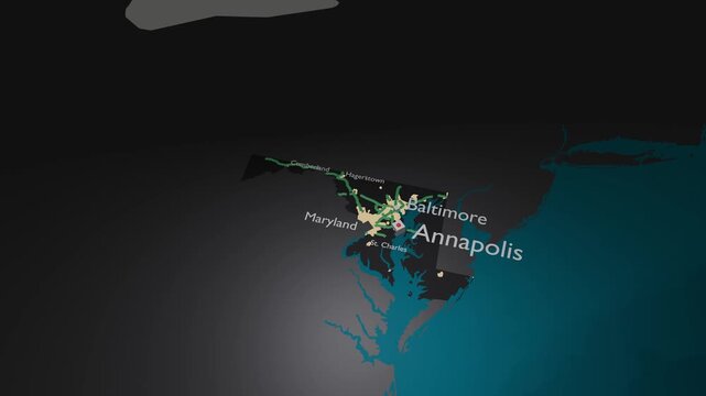 Maryland 3D Map Zoom Out Reveal Motion