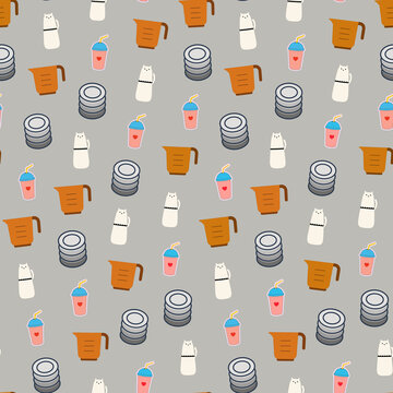 Seamless pattern of kitchen items and cats