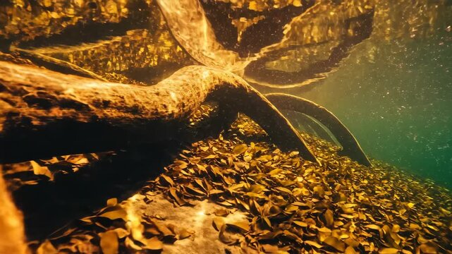 Massive mangrove roots curve through amber lit water above a dense bed of fallen leaves, with glowing surface reflections shaping dramatic tropical wetland scenery beneath the canopy at low tide