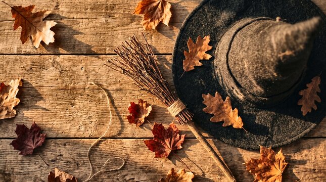 Witch hat and broom with dry autumn leaves on wooden background
