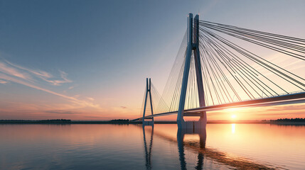 Obraz premium Modern cable stayed bridge over calm river at sunset displays white towers and geometric steel cables in warm sunlight.