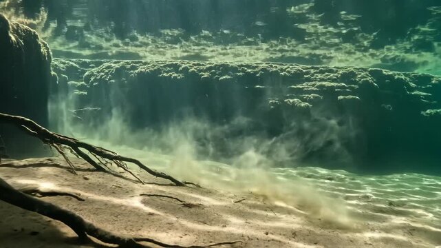 A submerged mangrove bank releases wisps of sediment into clear green water as slender roots reach over the sandy incline and dancing sunlight creates shifting bands across muddy floor in shallows