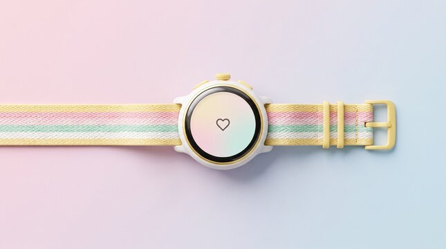Pastel smartwatch with woven strap and heart icon on gradient background