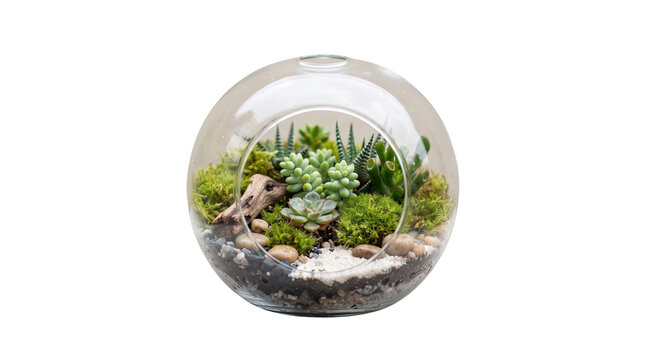 Glass terrarium with miniature succulent garden, indoor botany display with green moss and stones, decorative home ecosystem isolated PNG with Transparent Background