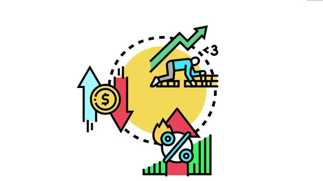 Monetary devaluation causes economic challenges, featuring a person climbing obstacles, a dollar decreasing in value, and an increasing percentage representing inflation or rising interest rates